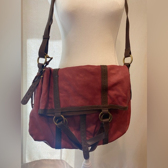 Lucky brand brown/burgundy shoulder satchel bag with stripped colored lining - Picture 8 of 12